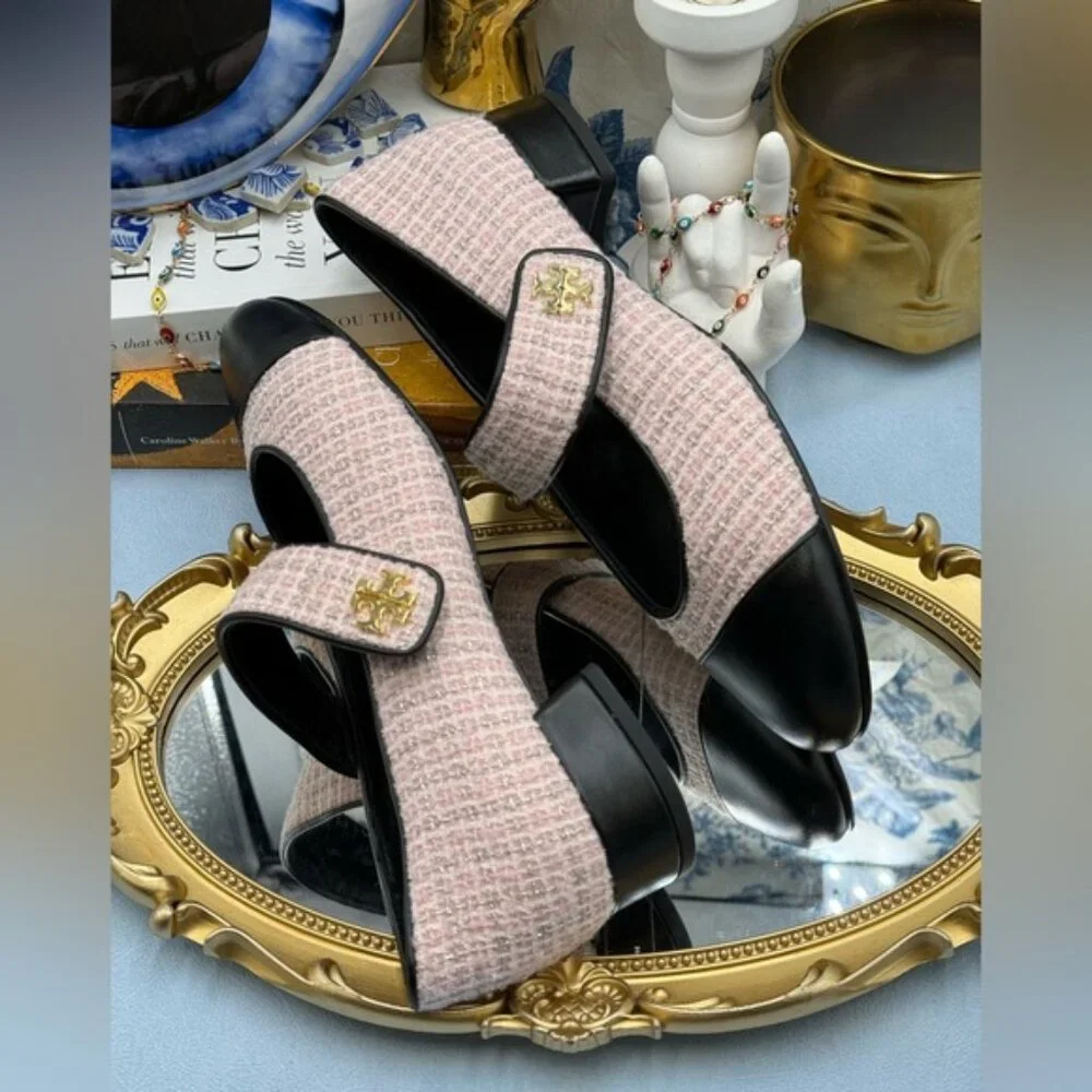 🆕 TORY BURCH 🧿 NWOB Mary Jane Heeled Ballet Flat, Pink Tweed, Sz 7.5 *SAMPLE*